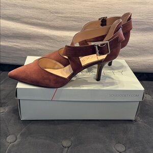 Sole SocietyTamra Dark Burgundy Suede Heels with Buckle.